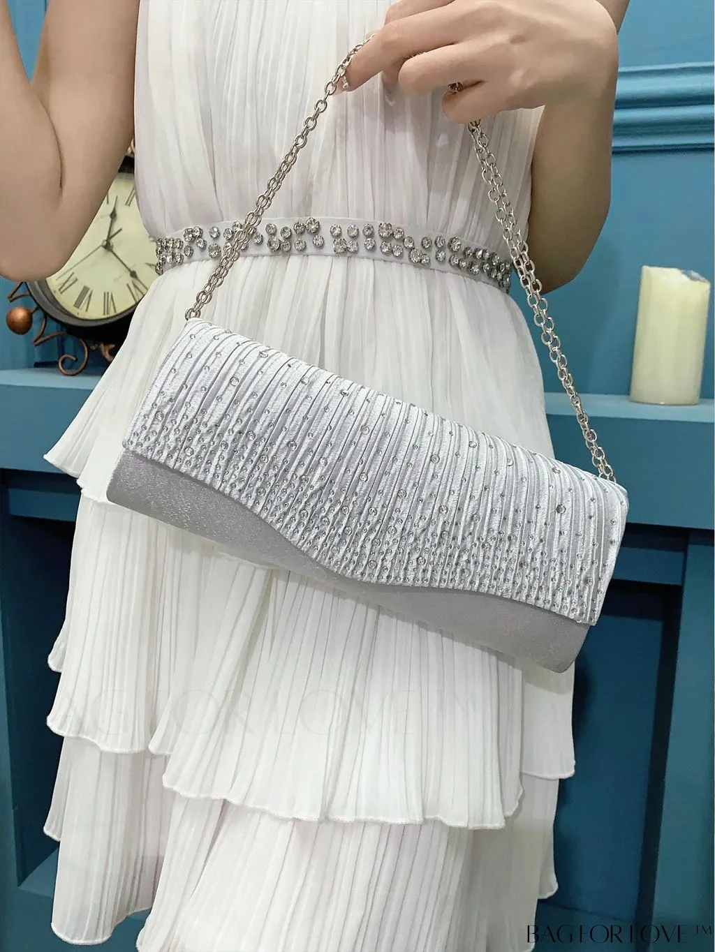 BagForLove - Elegant Envelope Bag with Rhinestone Embellishments and Pleated Detail
