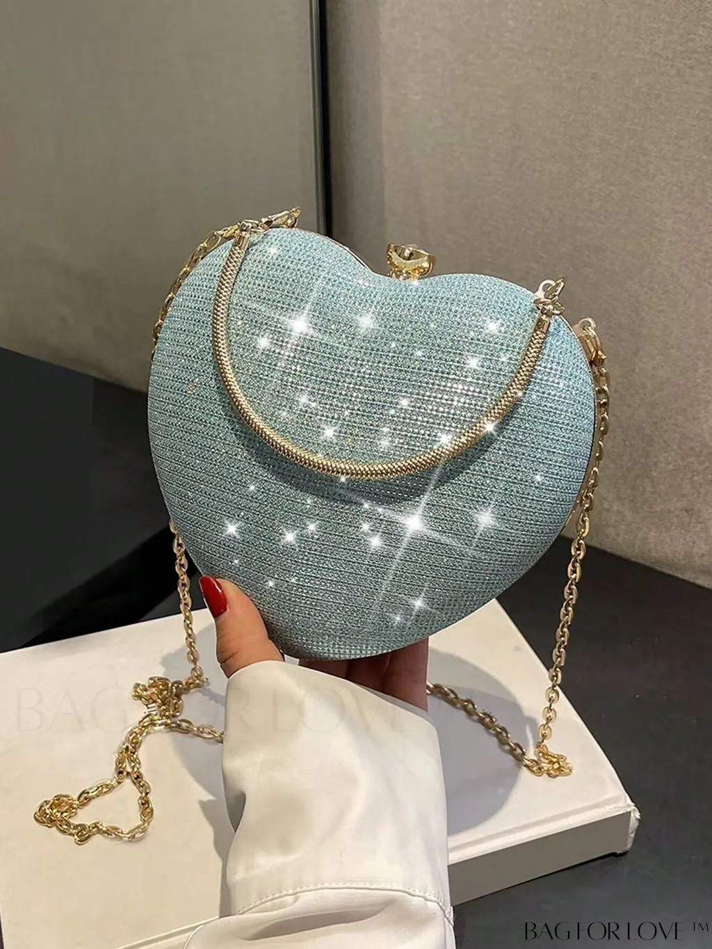 BagForLove - Enchanting Heart Design Mini Glitter Box Bag with Rhinestone Embellishment