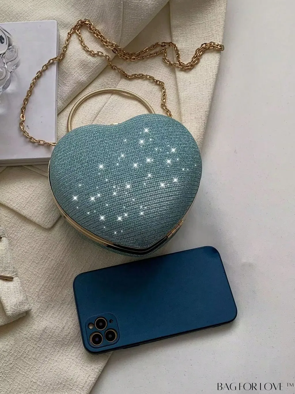 BagForLove - Enchanting Heart Design Mini Glitter Box Bag with Rhinestone Embellishment