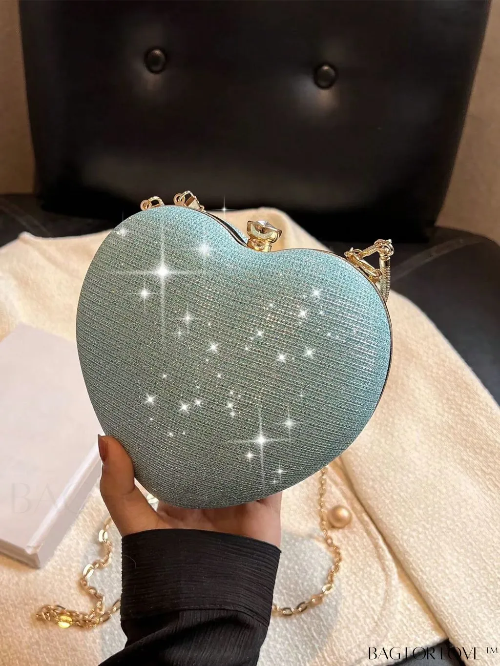 BagForLove - Enchanting Heart Design Mini Glitter Box Bag with Rhinestone Embellishment