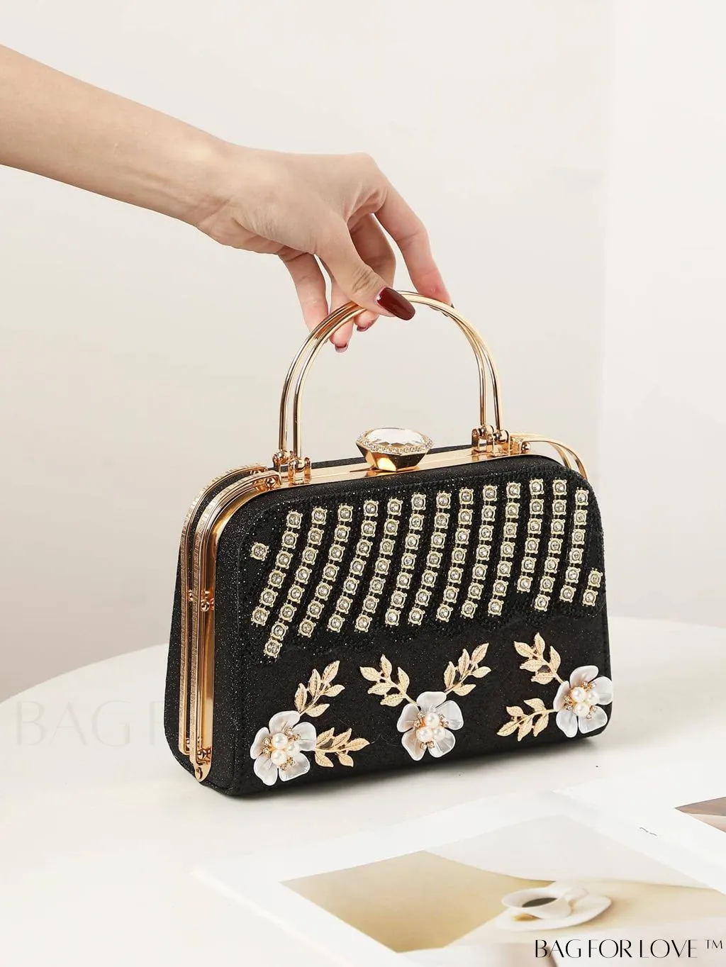 BagForLove - Glamorous Floral Applique Rhinestone Box Bag: Ideal Bridal Purse for Weddings, Proms & Parties