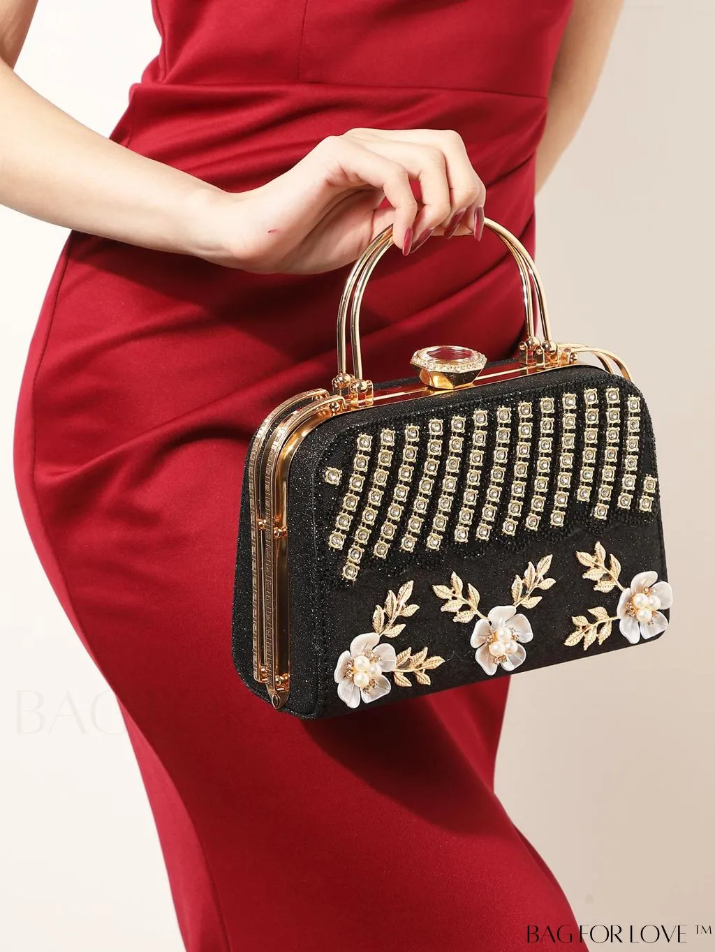 BagForLove - Glamorous Floral Applique Rhinestone Box Bag: Ideal Bridal Purse for Weddings, Proms & Parties
