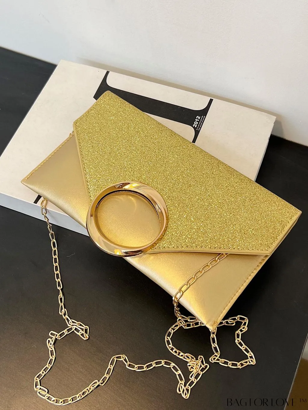 BagForLove - Glamorous Metallic PU Envelope Bag with Glitter Panel - Metal Decor