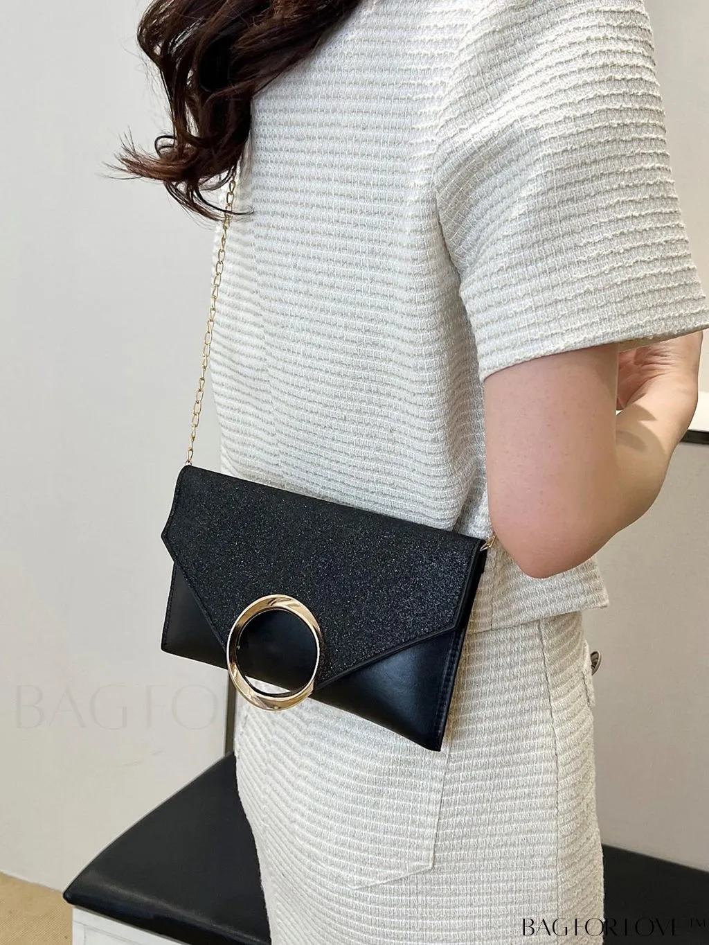 BagForLove - Glamorous Metallic PU Envelope Bag with Glitter Panel - Metal Decor