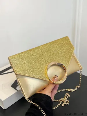 BagForLove - Glamorous Metallic PU Envelope Bag with Glitter Panel - Metal Decor
