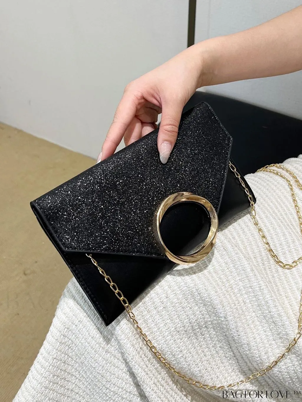 BagForLove - Glamorous Metallic PU Envelope Bag with Glitter Panel - Metal Decor