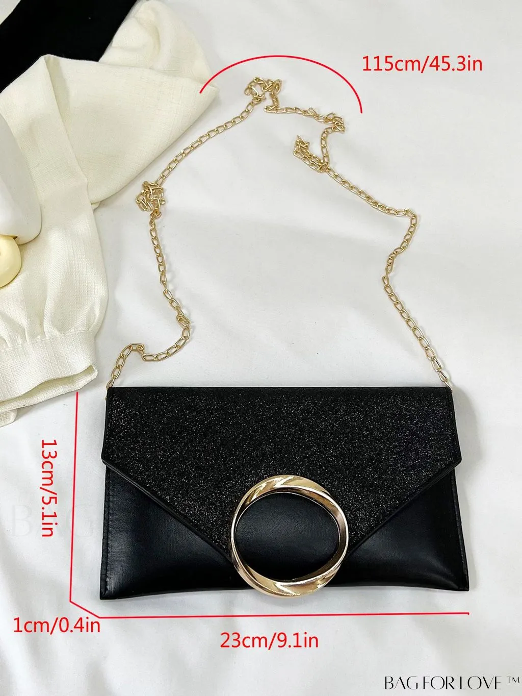 BagForLove - Glamorous Metallic PU Envelope Bag with Glitter Panel - Metal Decor