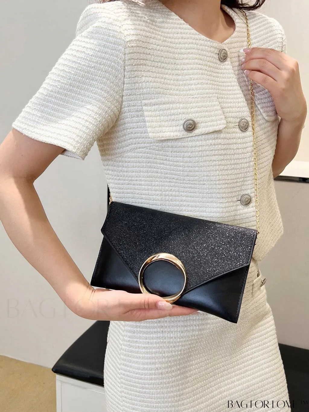 BagForLove - Glamorous Metallic PU Envelope Bag with Glitter Panel - Metal Decor