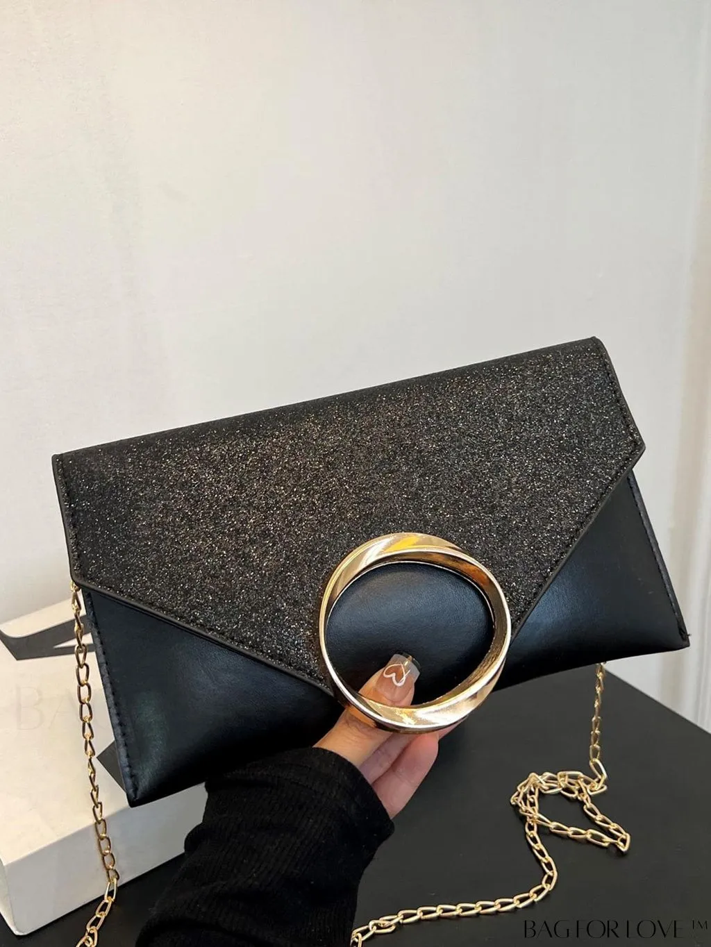 BagForLove - Glamorous Metallic PU Envelope Bag with Glitter Panel - Metal Decor