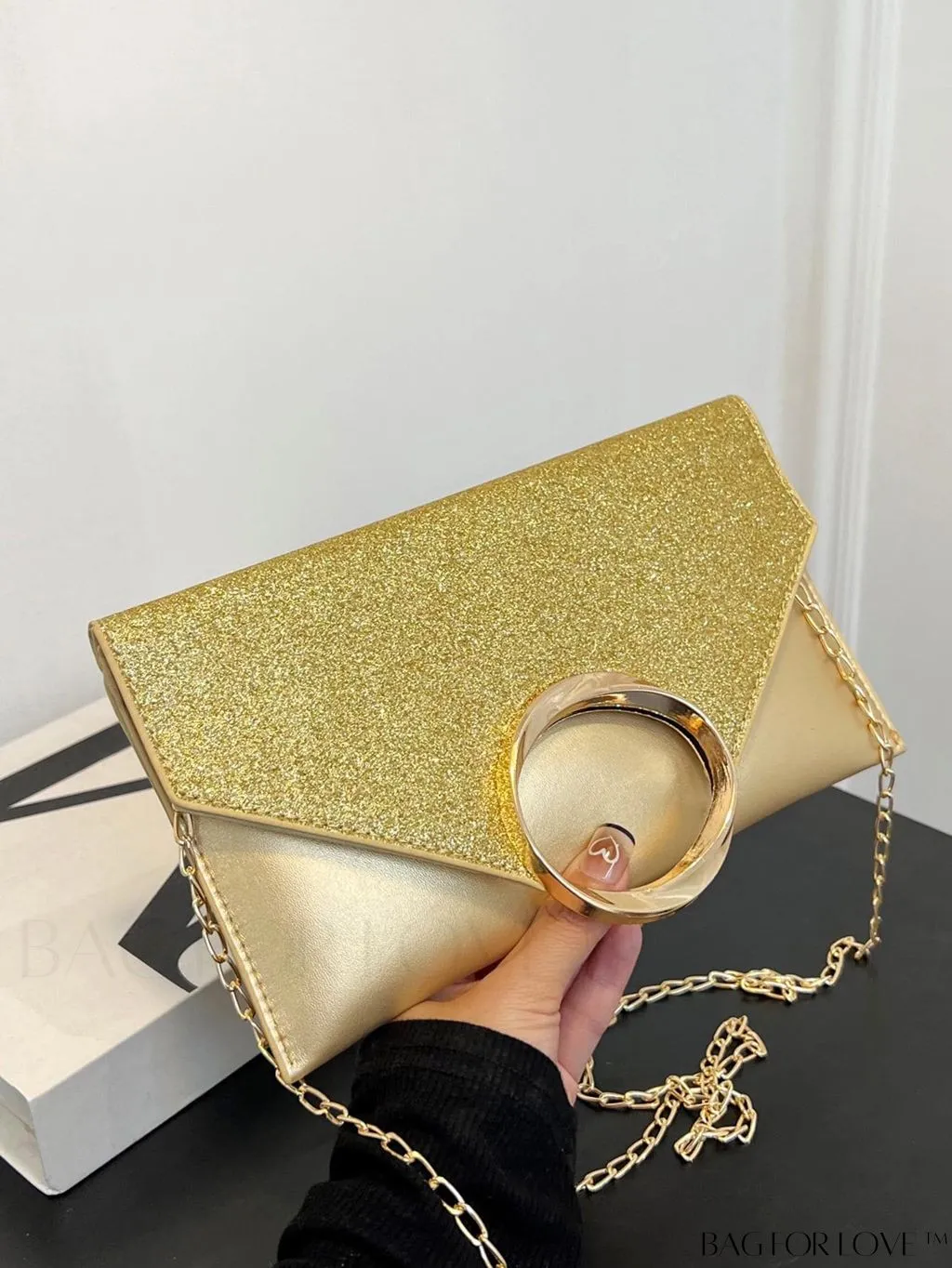BagForLove - Glamorous Metallic PU Envelope Bag with Glitter Panel - Metal Decor