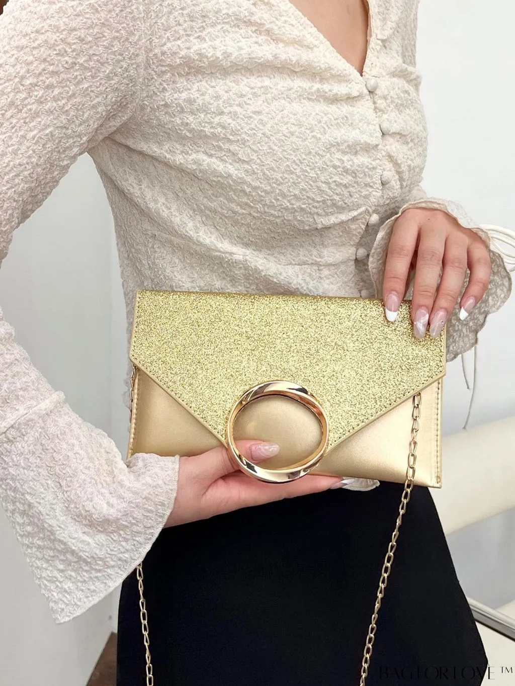 BagForLove - Glamorous Metallic PU Envelope Bag with Glitter Panel - Metal Decor