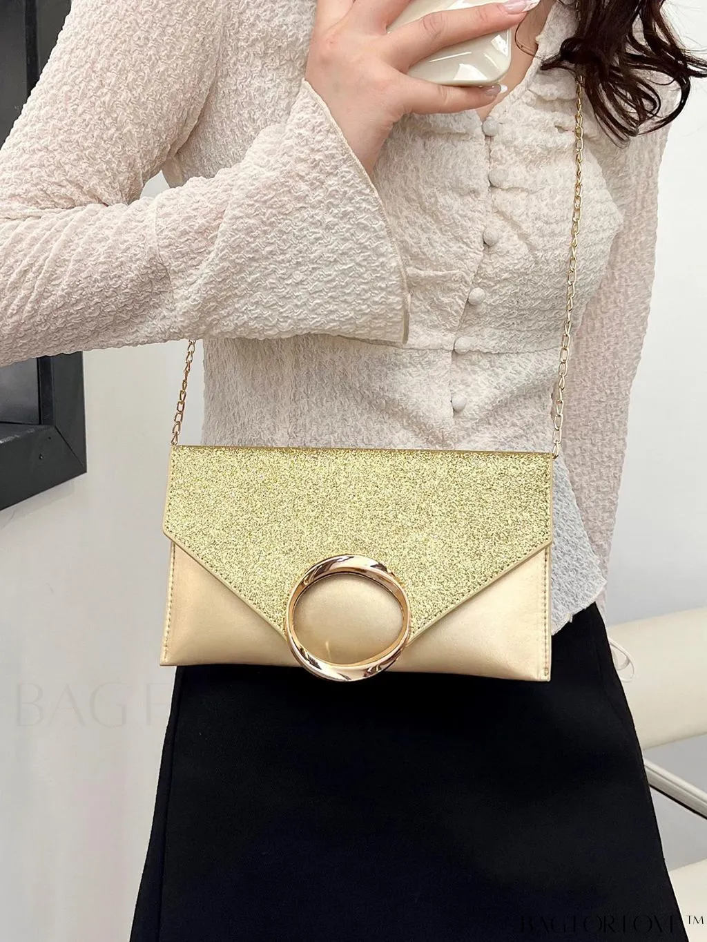 BagForLove - Glamorous Metallic PU Envelope Bag with Glitter Panel - Metal Decor