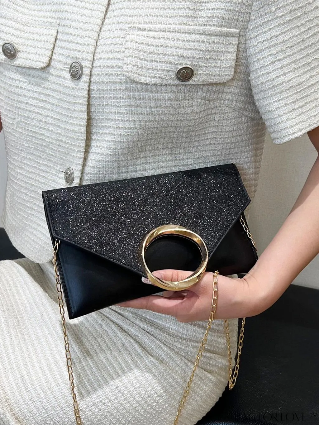BagForLove - Glamorous Metallic PU Envelope Bag with Glitter Panel - Metal Decor