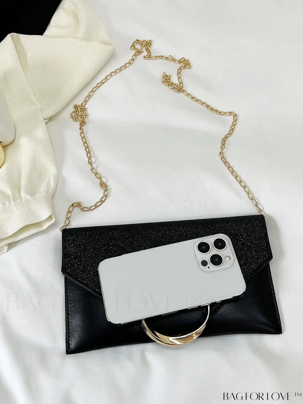 BagForLove - Glamorous Metallic PU Envelope Bag with Glitter Panel - Metal Decor