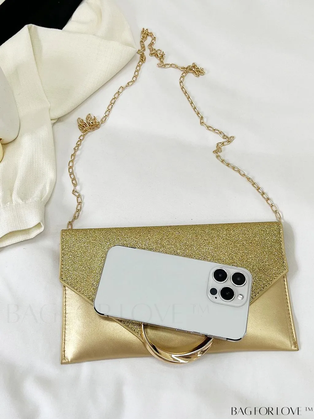 BagForLove - Glamorous Metallic PU Envelope Bag with Glitter Panel - Metal Decor
