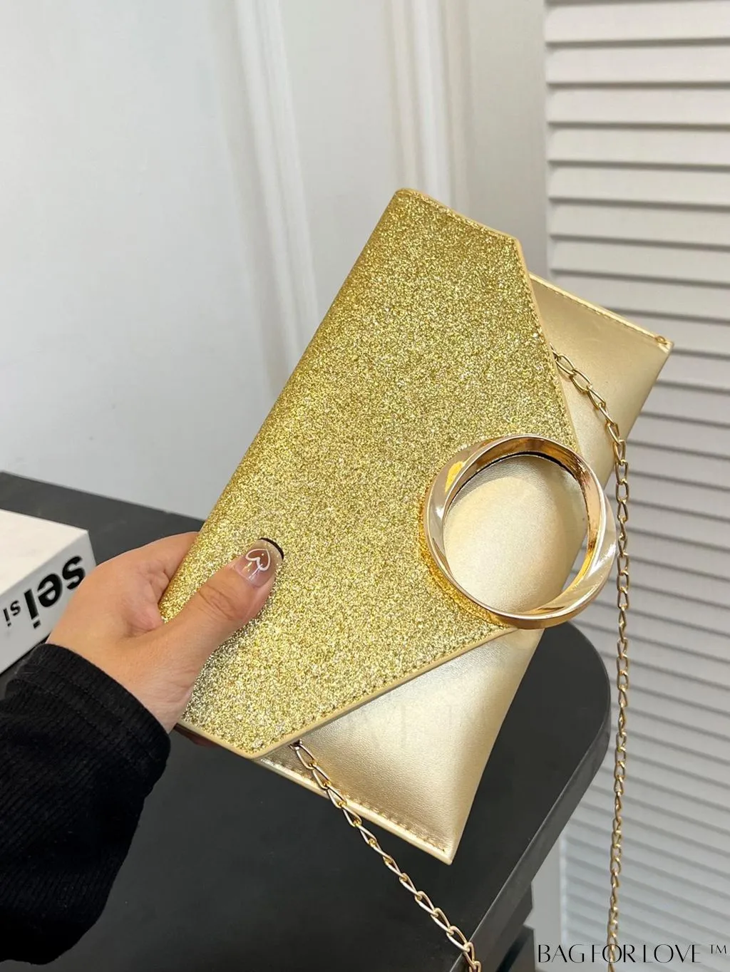 BagForLove - Glamorous Metallic PU Envelope Bag with Glitter Panel - Metal Decor