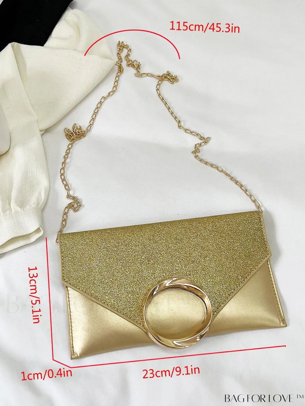 BagForLove - Glamorous Metallic PU Envelope Bag with Glitter Panel - Metal Decor