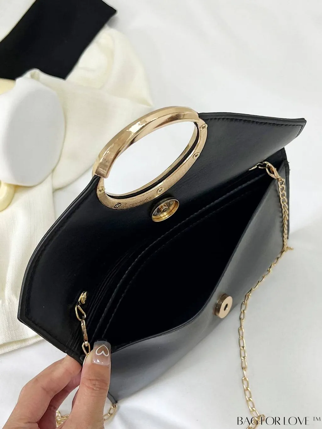 BagForLove - Glamorous Metallic PU Envelope Bag with Glitter Panel - Metal Decor
