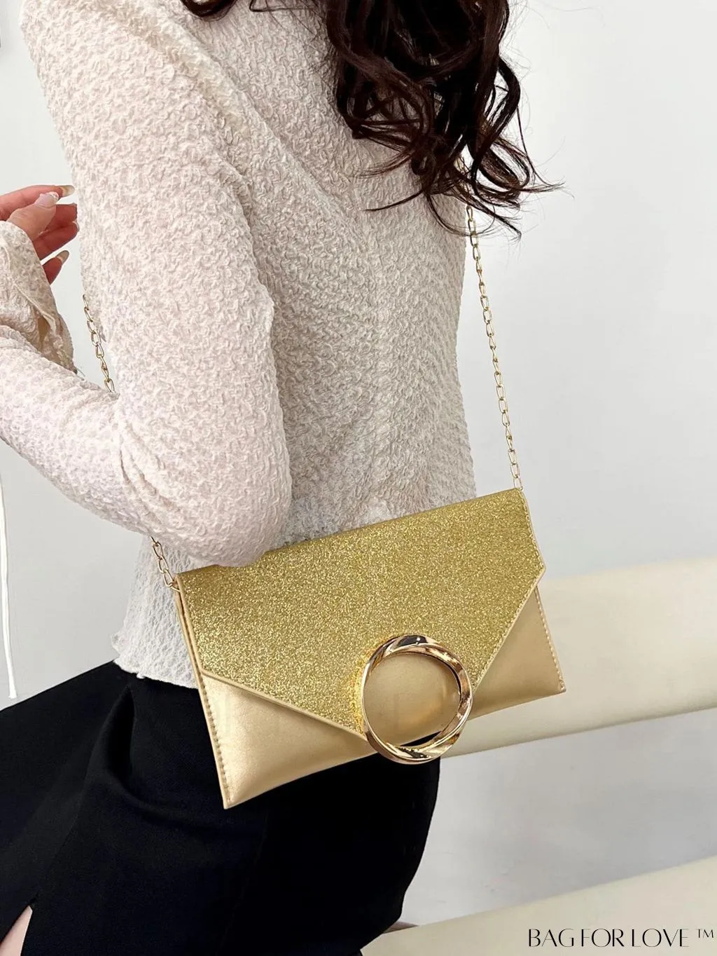 BagForLove - Glamorous Metallic PU Envelope Bag with Glitter Panel - Metal Decor