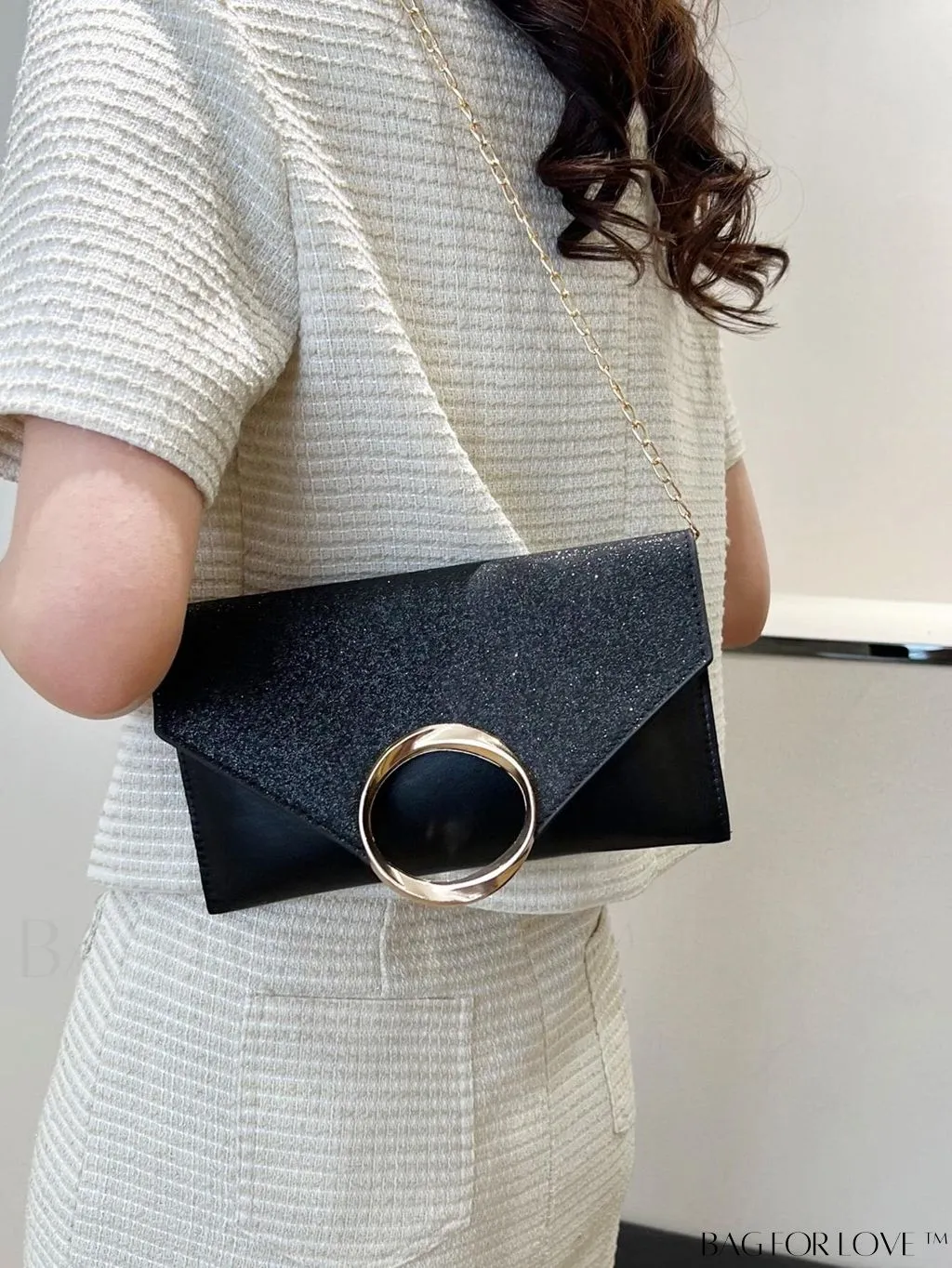 BagForLove - Glamorous Metallic PU Envelope Bag with Glitter Panel - Metal Decor