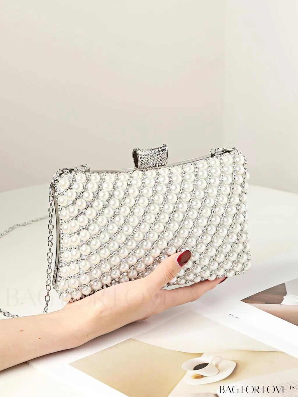 BagForLove - Glamorous Pearl and Rhinestone Mini Box Bag - Ideal Brides Purse for Weddings, Proms, and Parties