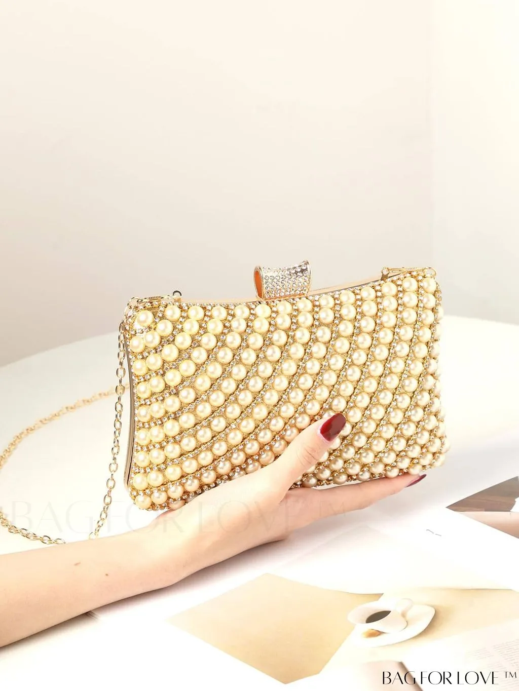 BagForLove - Glamorous Pearl and Rhinestone Mini Box Bag - Ideal Brides Purse for Weddings, Proms, and Parties