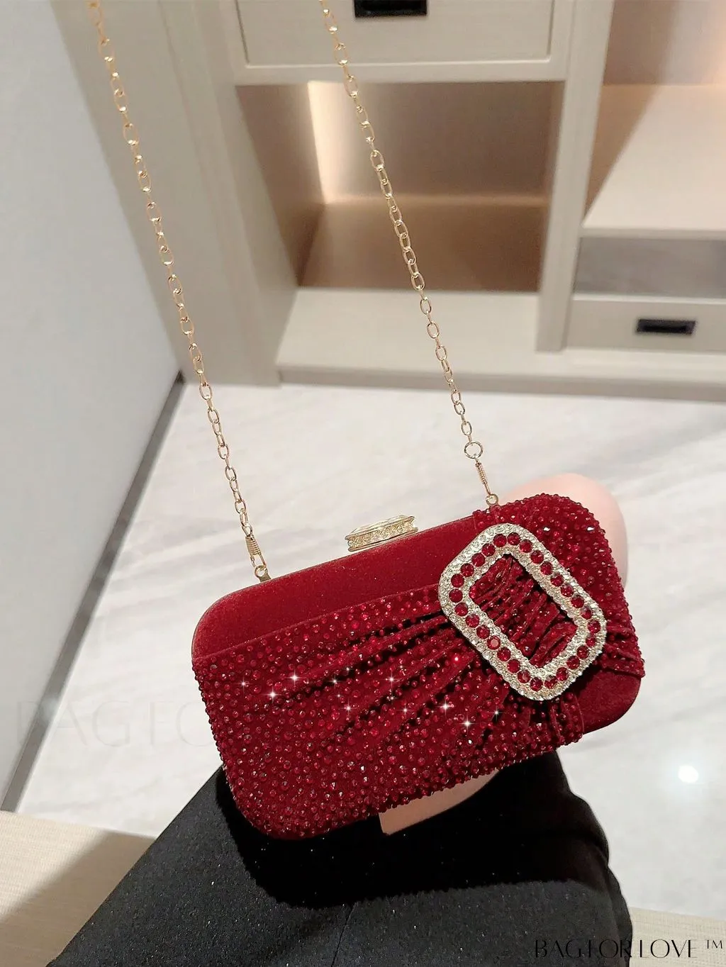 BagForLove - Glamorous Rhinestone Accent Box Bag with Ruched Detail, Ideal for Parties