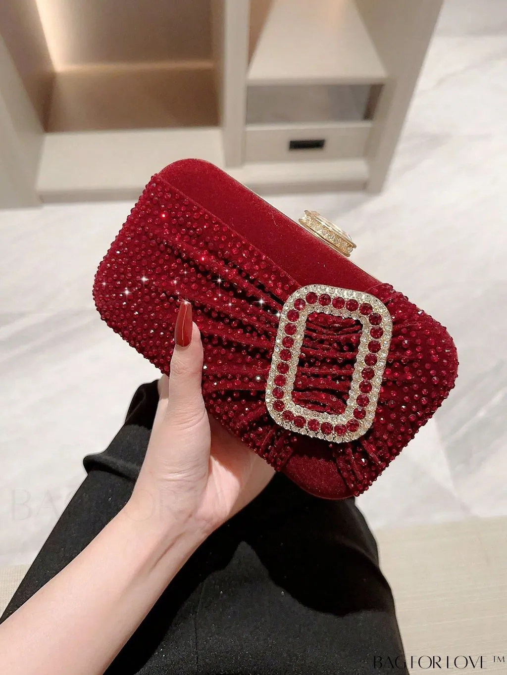 BagForLove - Glamorous Rhinestone Accent Box Bag with Ruched Detail, Ideal for Parties