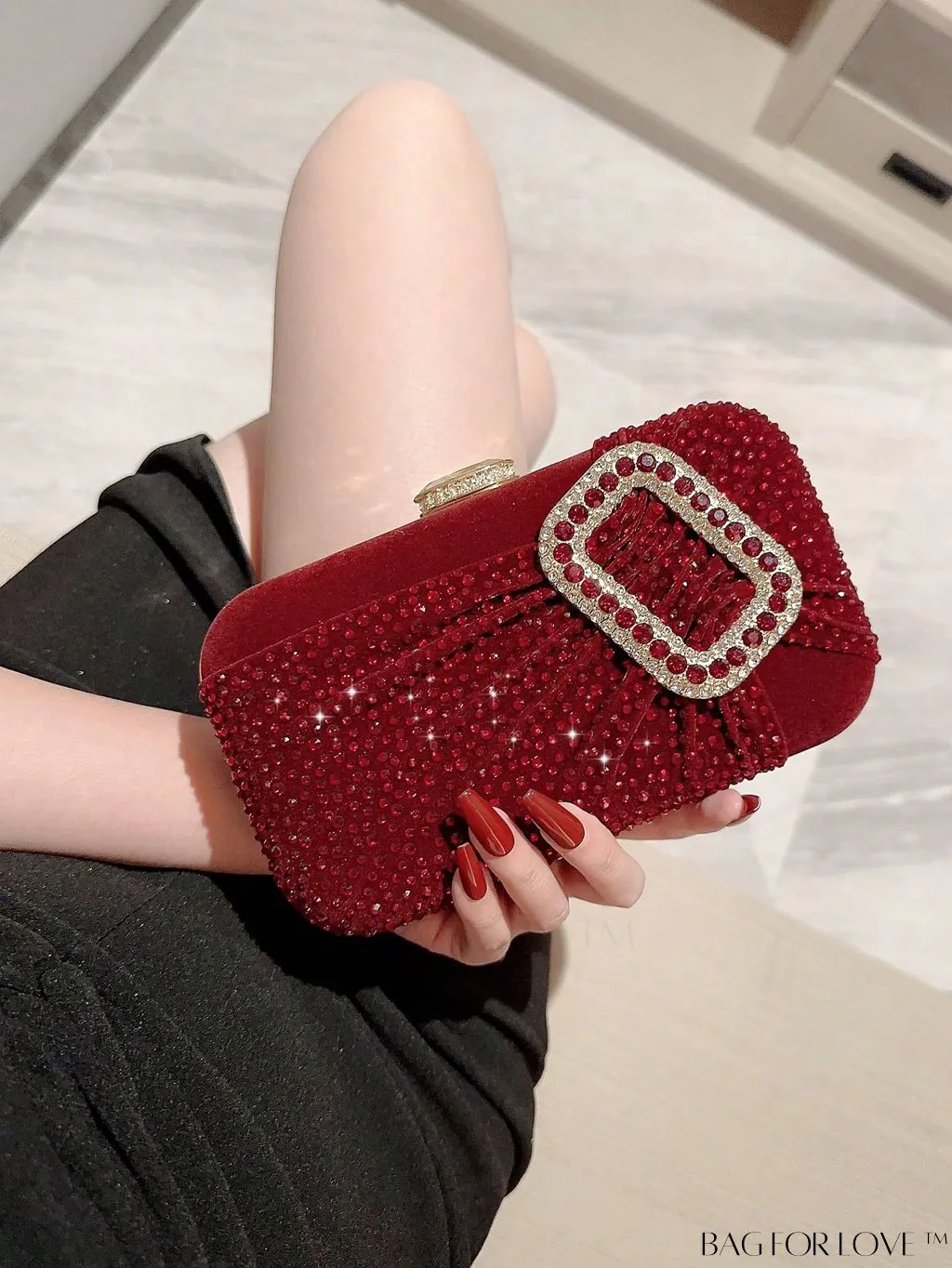 BagForLove - Glamorous Rhinestone Accent Box Bag with Ruched Detail, Ideal for Parties
