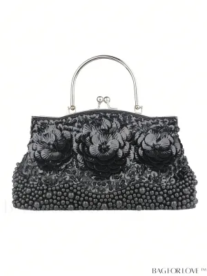 BagForLove - Medium Black Glamorous Polyester Bag with Flower & Bead Accents