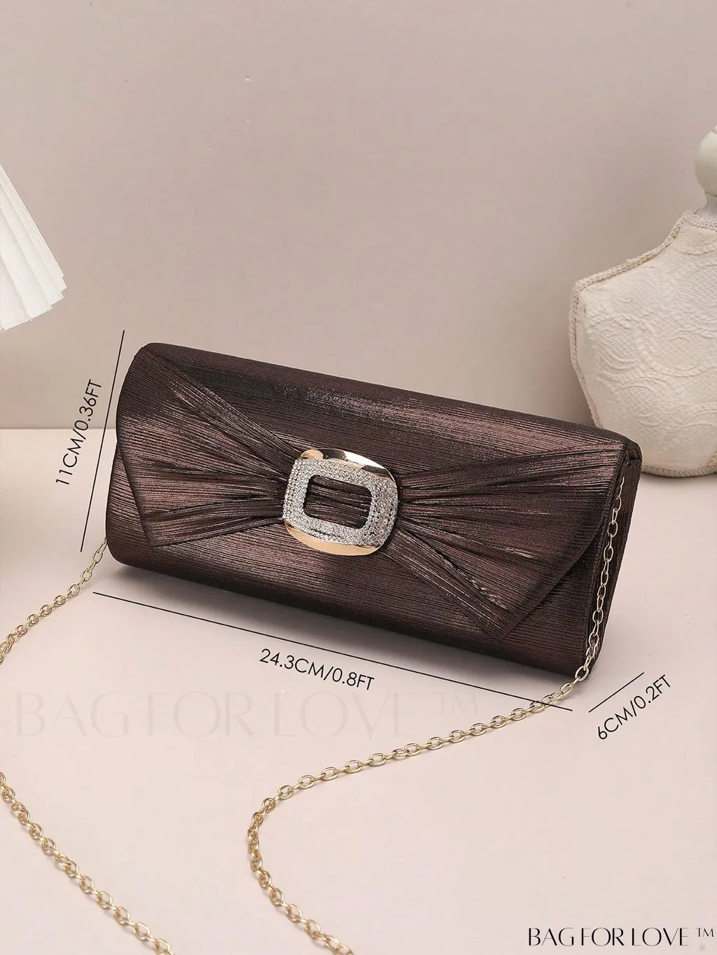 BagForLove - Metallic Flap Envelope Bag with Rhinestone Bow Accent and Chain - Glamorous Design
