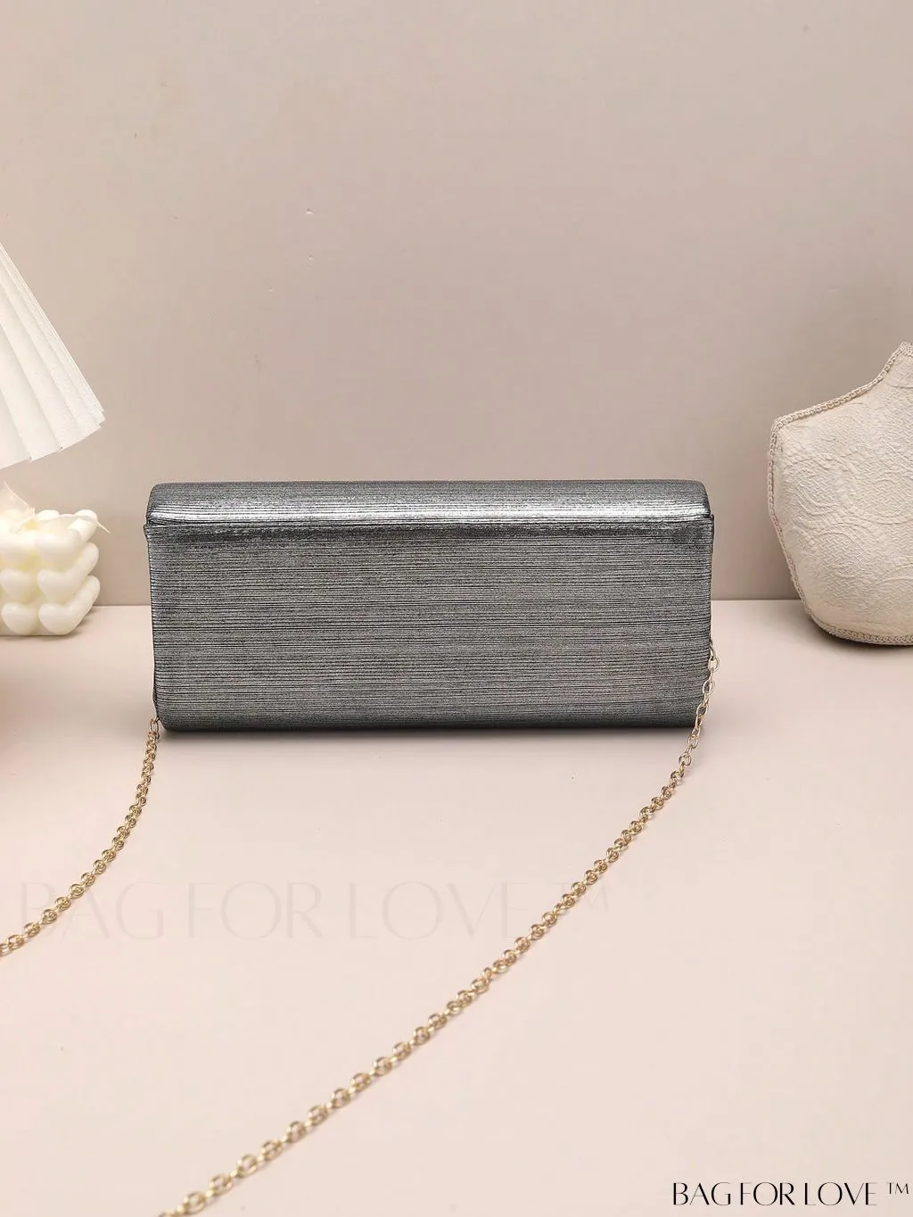 BagForLove - Metallic Flap Envelope Bag with Rhinestone Bow Accent and Chain - Glamorous Design