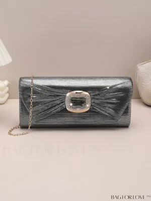 BagForLove - Metallic Flap Envelope Bag with Rhinestone Bow Accent and Chain - Glamorous Design