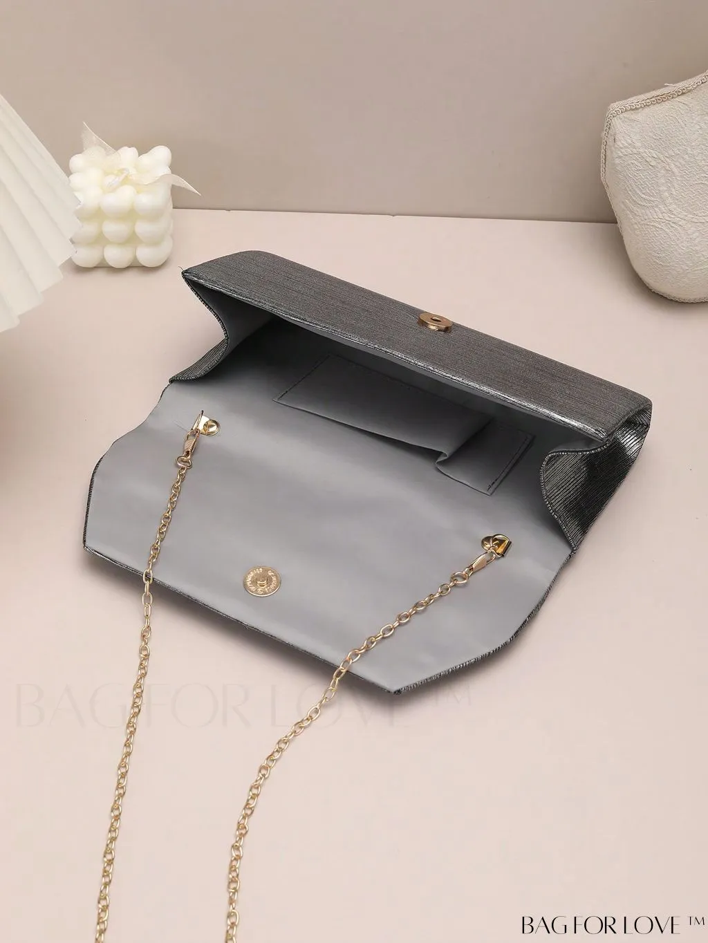 BagForLove - Metallic Flap Envelope Bag with Rhinestone Bow Accent and Chain - Glamorous Design