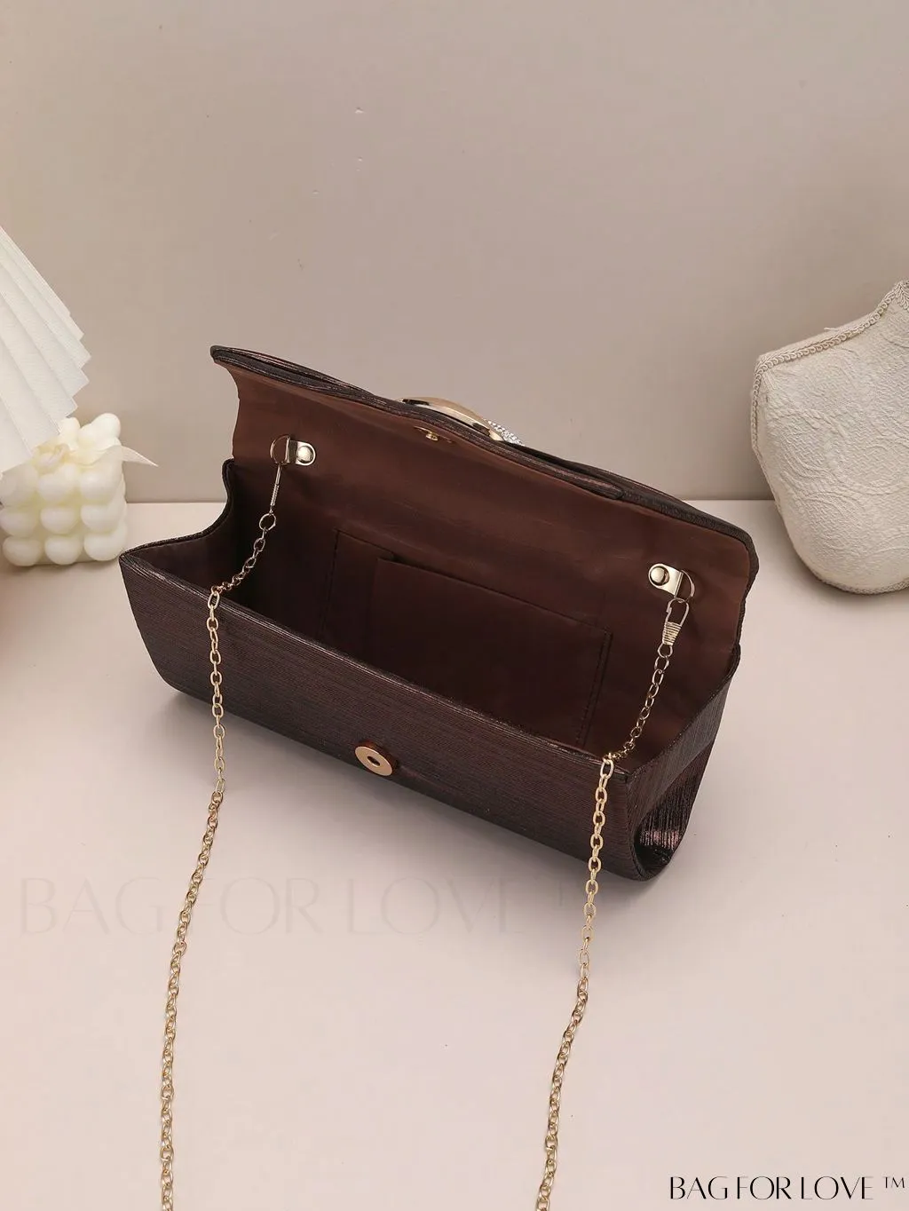 BagForLove - Metallic Flap Envelope Bag with Rhinestone Bow Accent and Chain - Glamorous Design