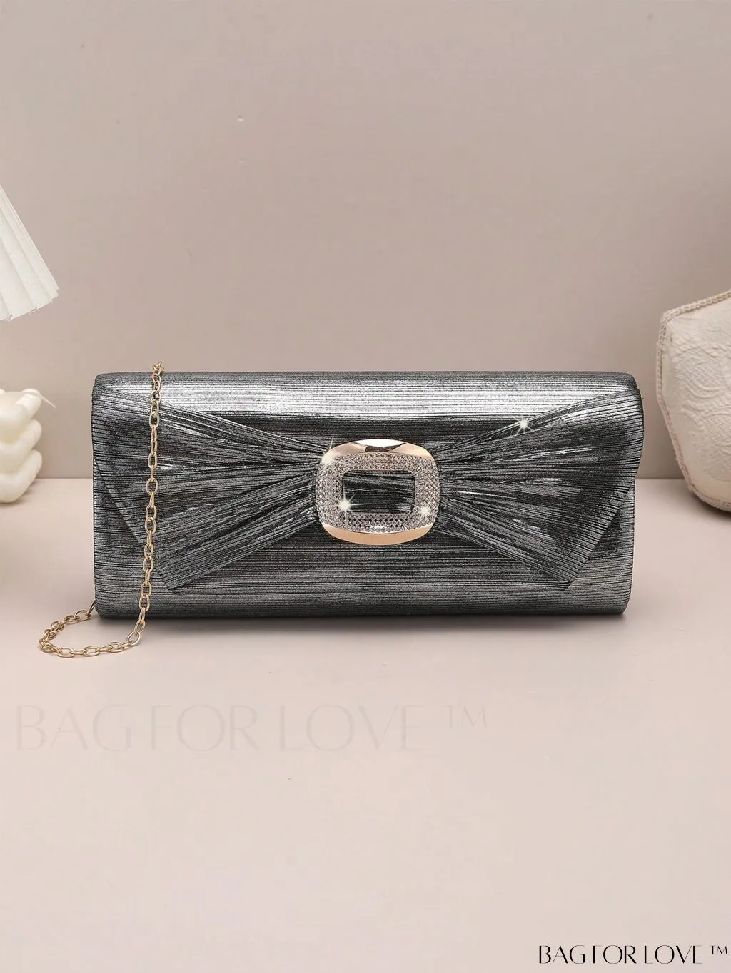 BagForLove - Metallic Flap Envelope Bag with Rhinestone Bow Accent and Chain - Glamorous Design
