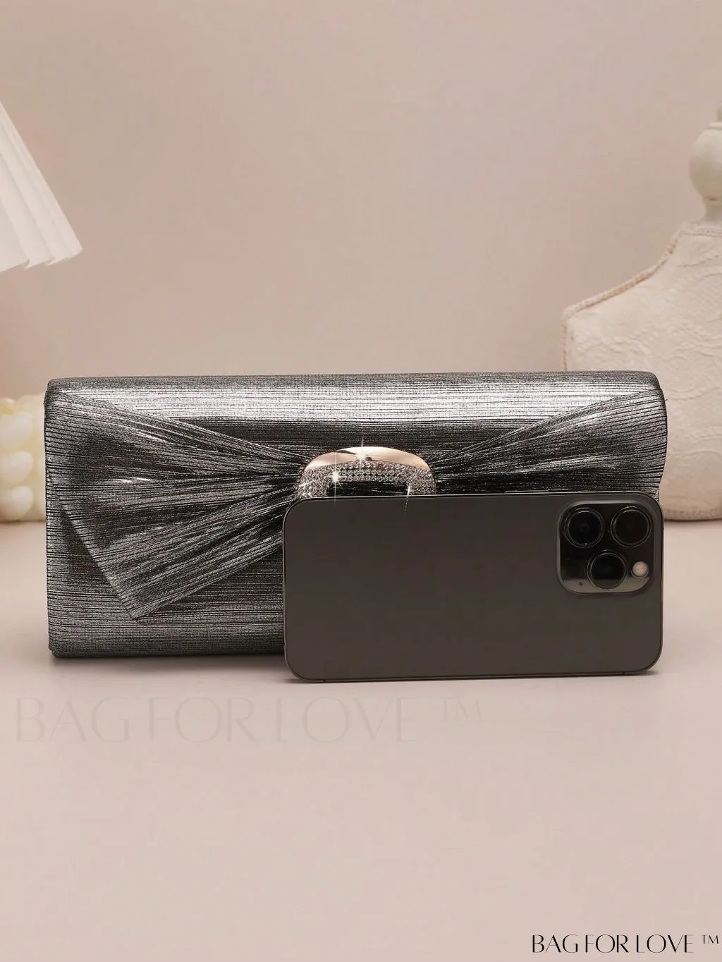 BagForLove - Metallic Flap Envelope Bag with Rhinestone Bow Accent and Chain - Glamorous Design