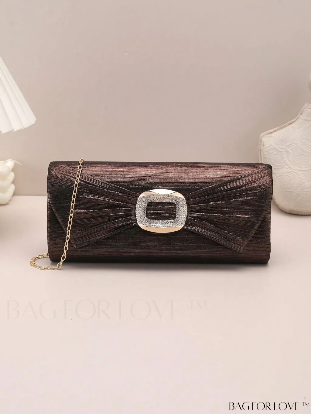 BagForLove - Metallic Flap Envelope Bag with Rhinestone Bow Accent and Chain - Glamorous Design