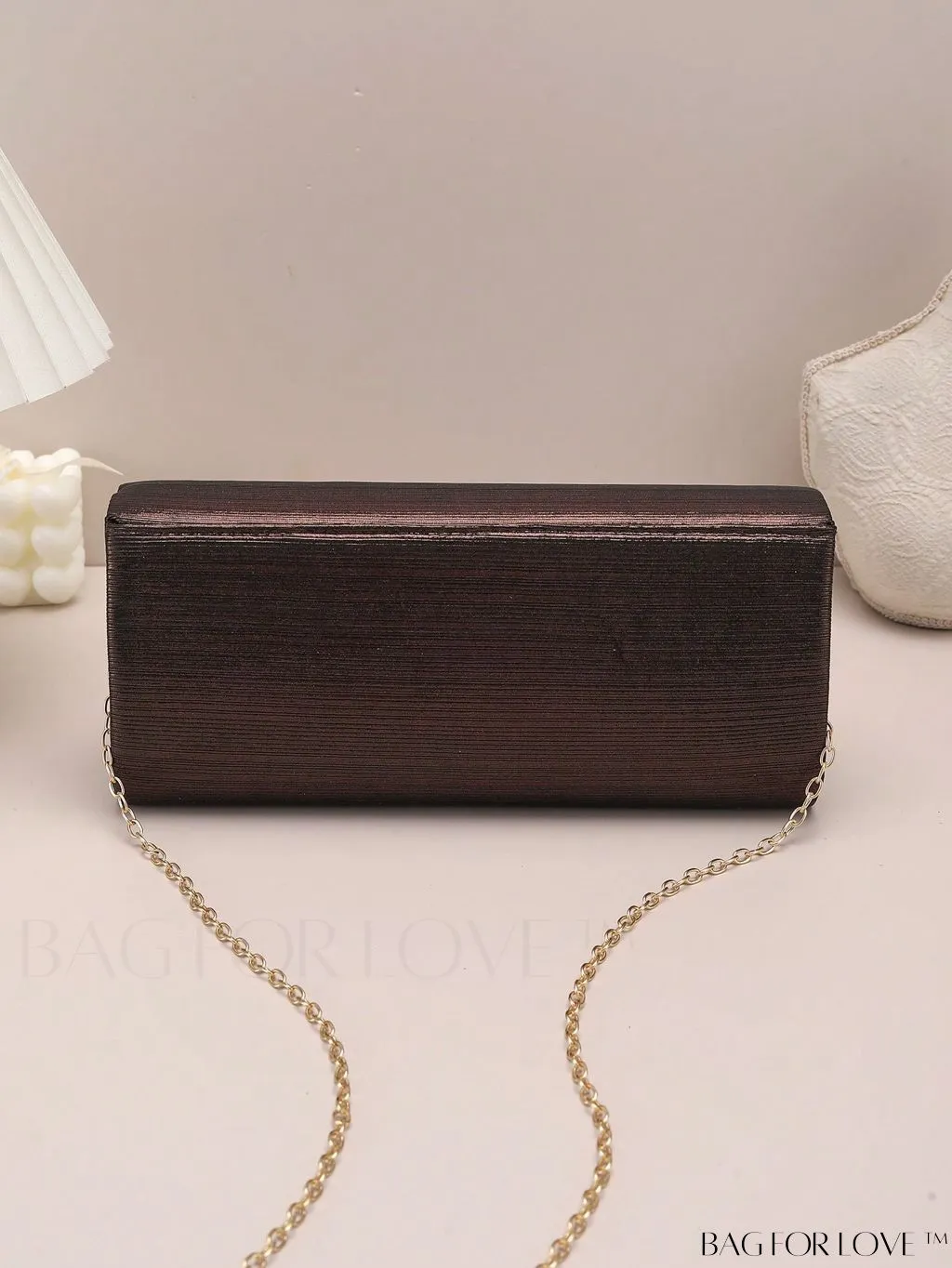 BagForLove - Metallic Flap Envelope Bag with Rhinestone Bow Accent and Chain - Glamorous Design