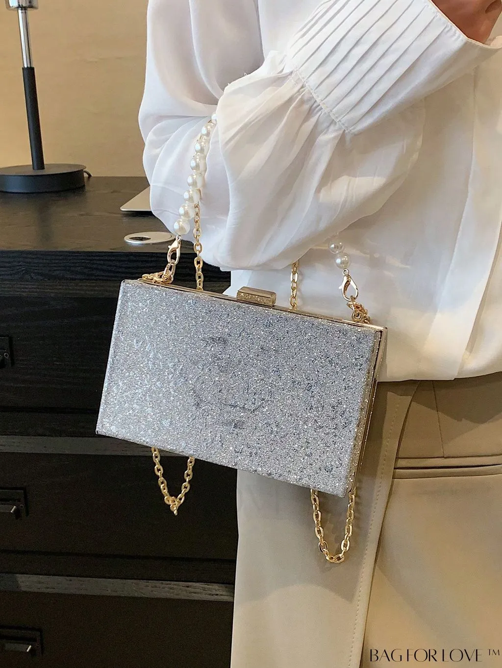BagForLove - Mini Box Bag with Faux Pearls and Glitter Decor, Elegant Purse for Weddings, Proms, and Parties