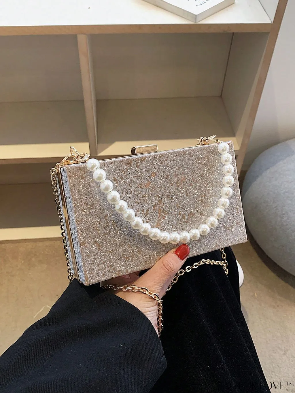BagForLove - Mini Box Bag with Faux Pearls and Glitter Decor, Elegant Purse for Weddings, Proms, and Parties