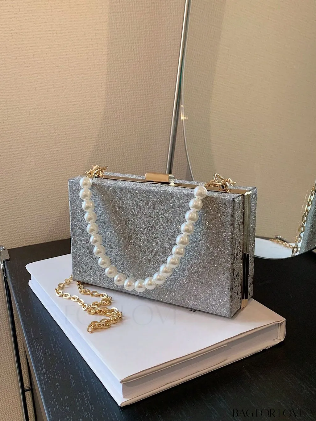 BagForLove - Mini Box Bag with Faux Pearls and Glitter Decor, Elegant Purse for Weddings, Proms, and Parties
