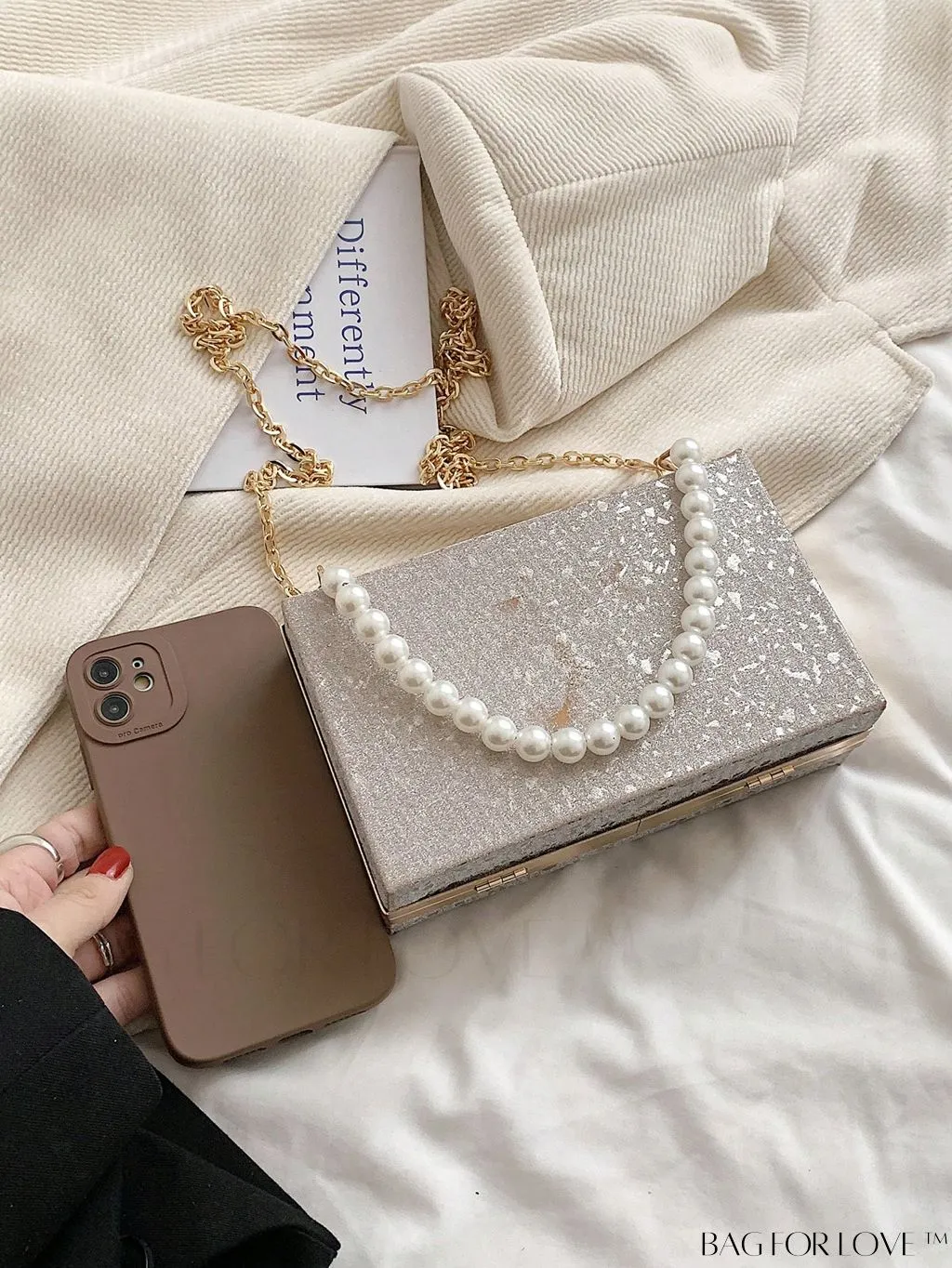 BagForLove - Mini Box Bag with Faux Pearls and Glitter Decor, Elegant Purse for Weddings, Proms, and Parties