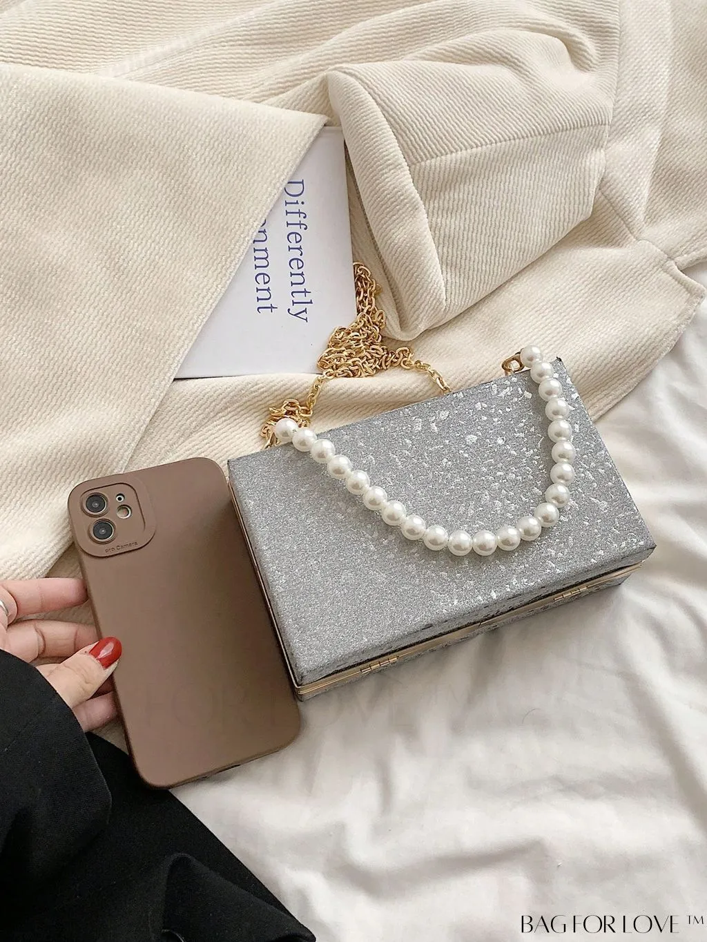 BagForLove - Mini Box Bag with Faux Pearls and Glitter Decor, Elegant Purse for Weddings, Proms, and Parties