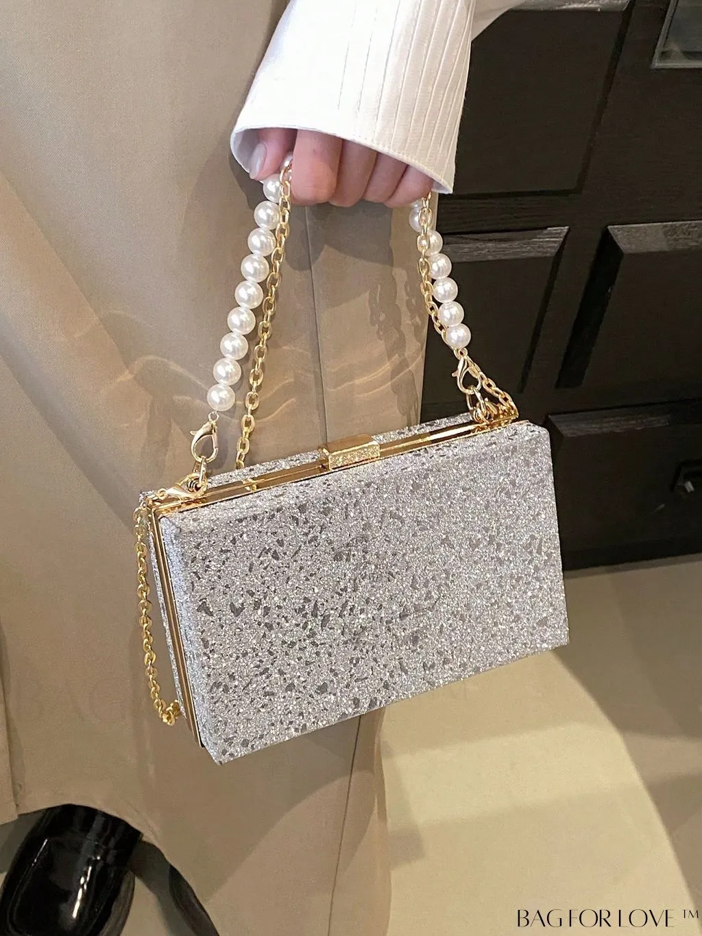 BagForLove - Mini Box Bag with Faux Pearls and Glitter Decor, Elegant Purse for Weddings, Proms, and Parties