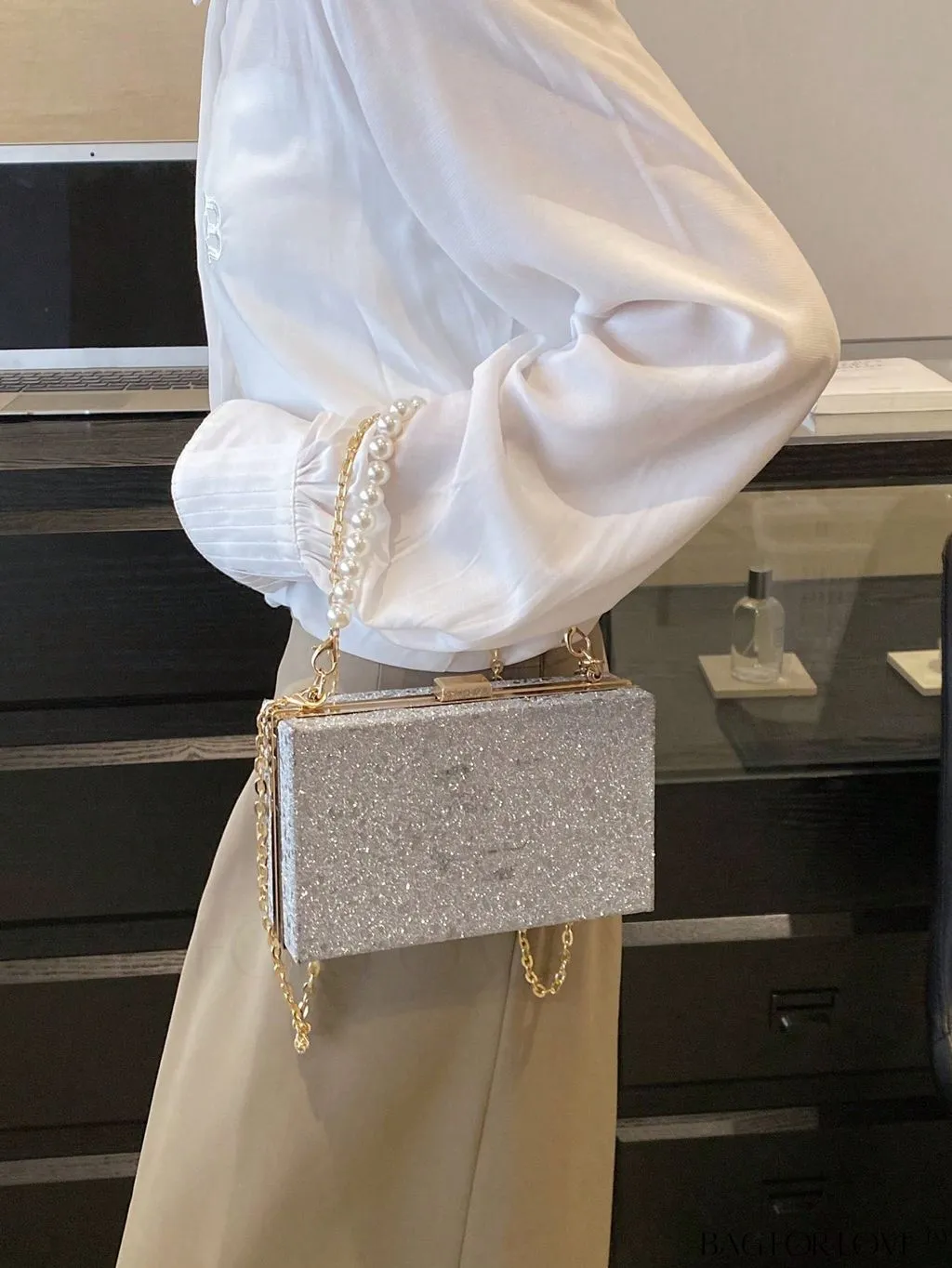 BagForLove - Mini Box Bag with Faux Pearls and Glitter Decor, Elegant Purse for Weddings, Proms, and Parties
