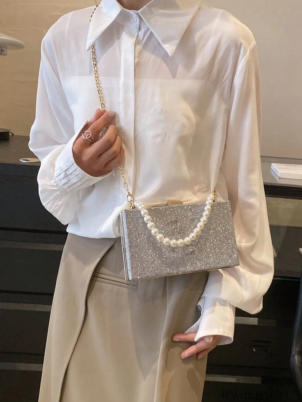 BagForLove - Mini Box Bag with Faux Pearls and Glitter Decor, Elegant Purse for Weddings, Proms, and Parties