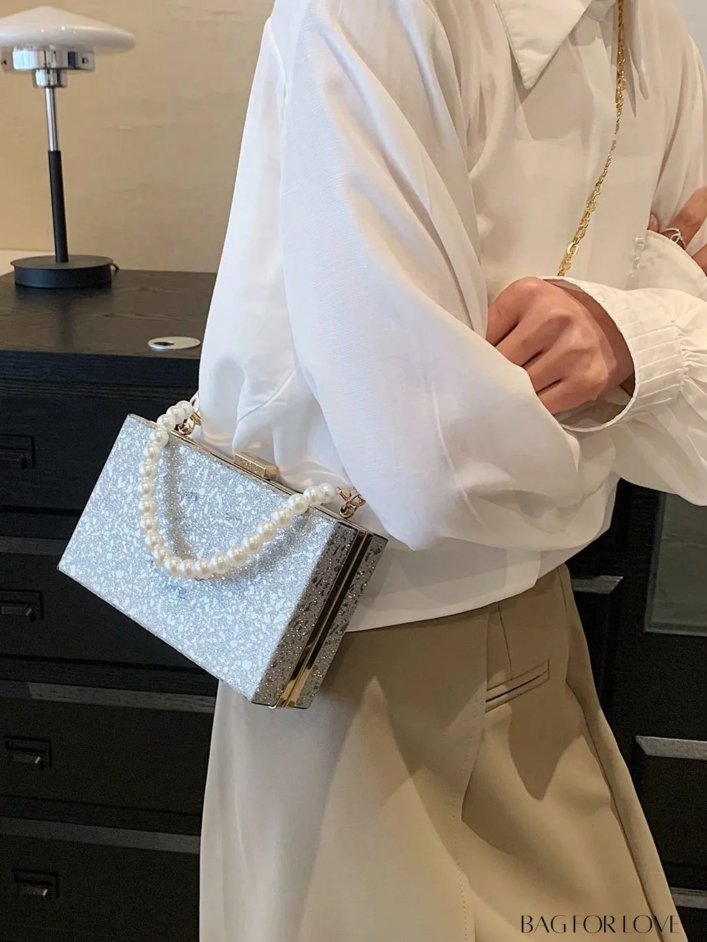 BagForLove - Mini Box Bag with Faux Pearls and Glitter Decor, Elegant Purse for Weddings, Proms, and Parties