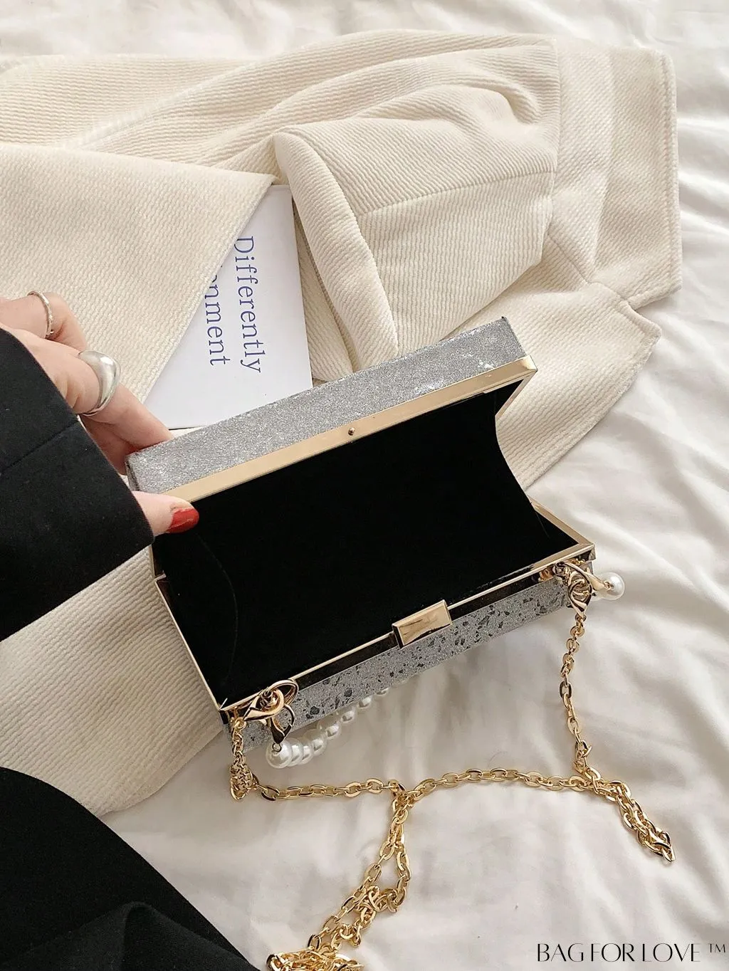 BagForLove - Mini Box Bag with Faux Pearls and Glitter Decor, Elegant Purse for Weddings, Proms, and Parties