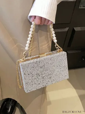 BagForLove - Mini Box Bag with Faux Pearls and Glitter Decor, Elegant Purse for Weddings, Proms, and Parties